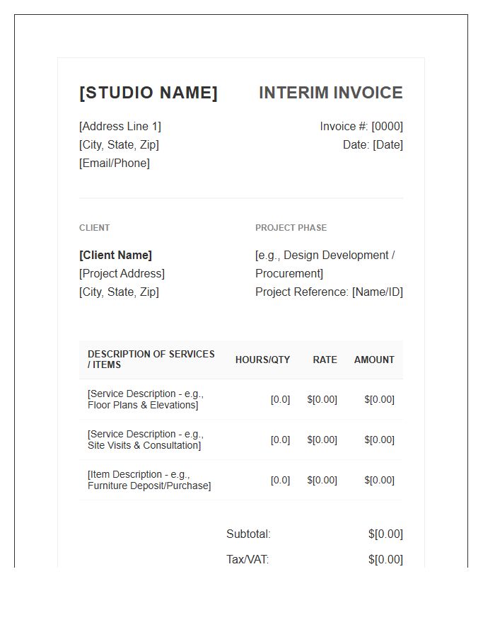Residential Interior Design Interim Invoice Template