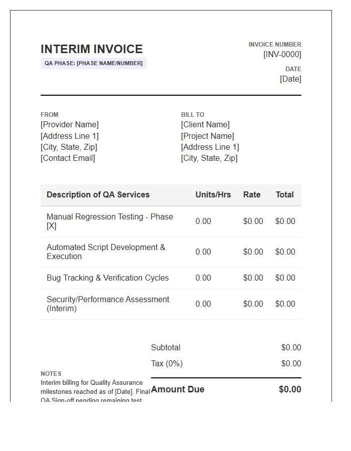 Quality Assurance Phase Interim Invoice Template