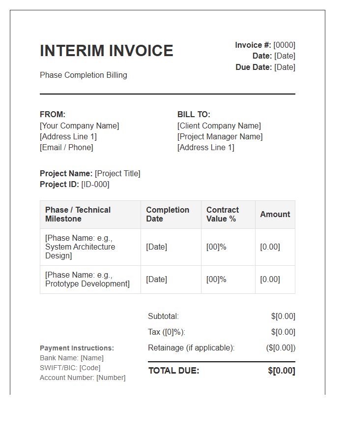 Technical Project Phase Completion Interim Invoice Template