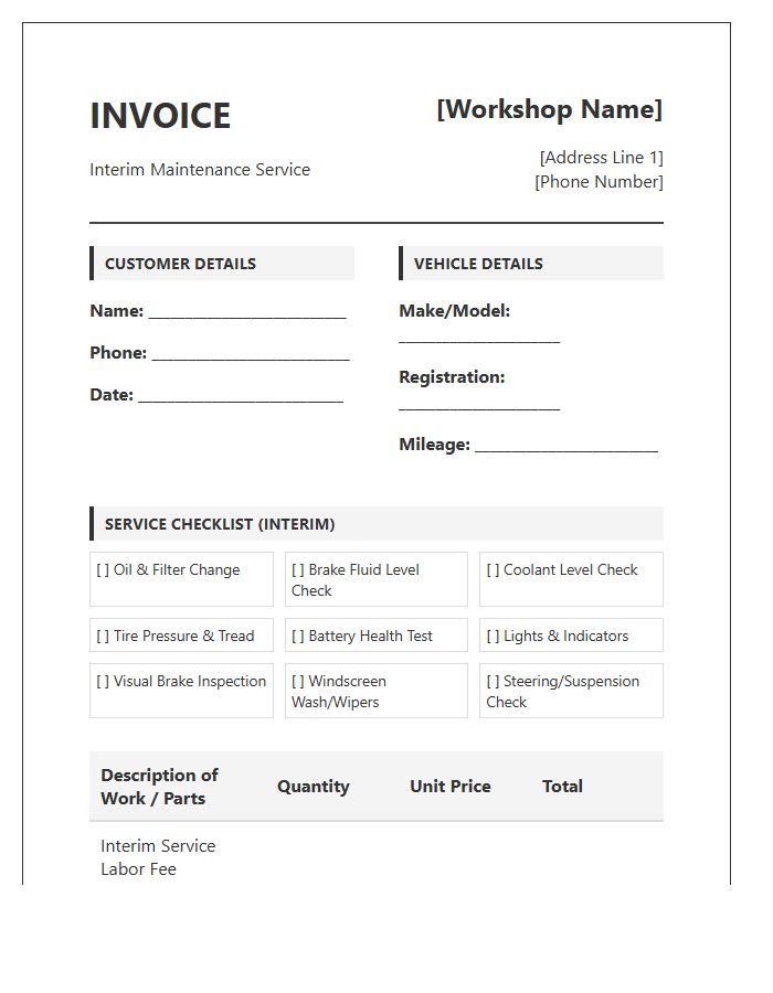 Automotive Interim Maintenance Service Invoice Template