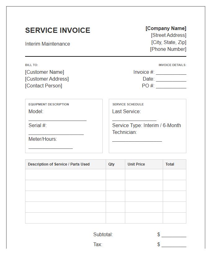 Equipment Interim Maintenance Service Invoice Template