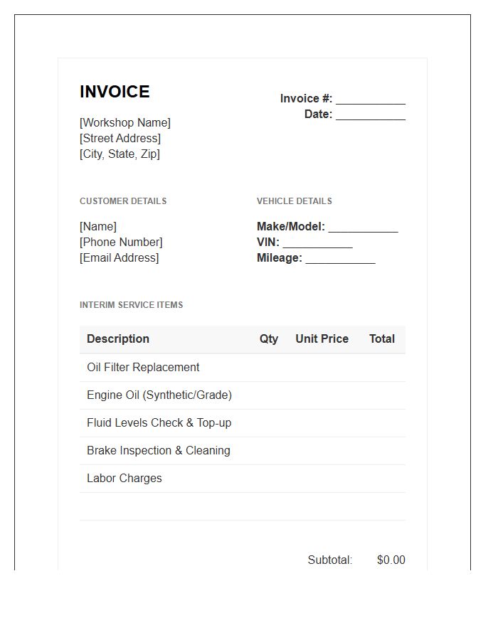 Interim Car Maintenance Service Invoice Template