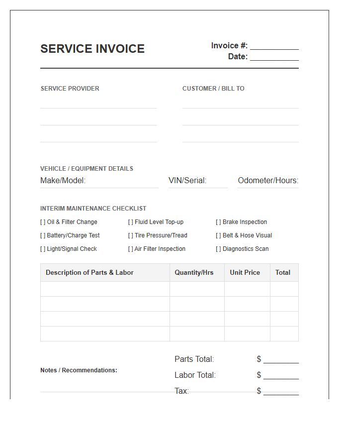 Mechanical Interim Maintenance Service Invoice Template