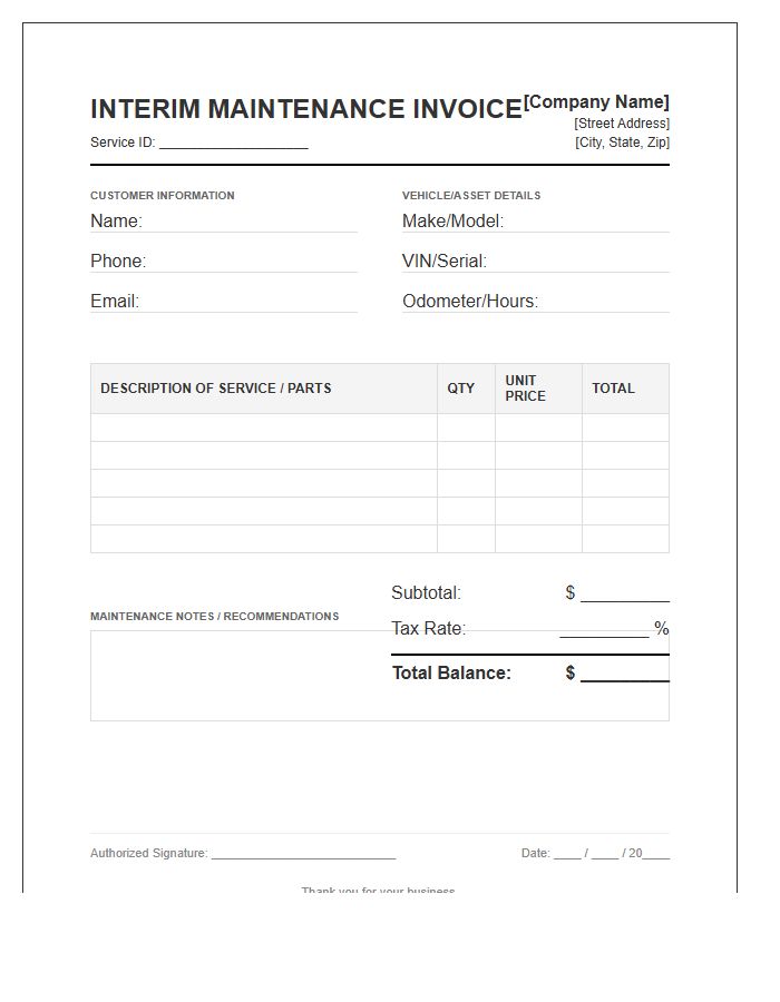 Official Interim Maintenance Service Invoice Template