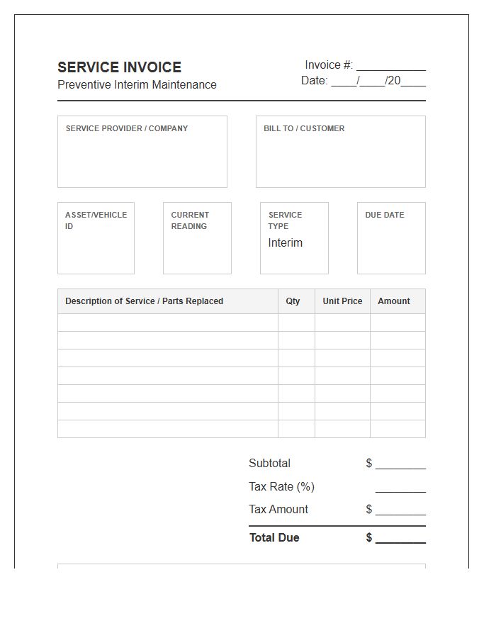 Preventive Interim Maintenance Service Invoice Template