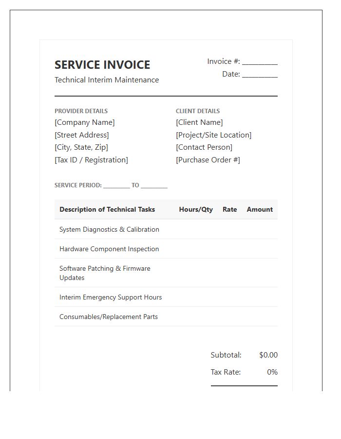 Technical Interim Maintenance Service Invoice Template