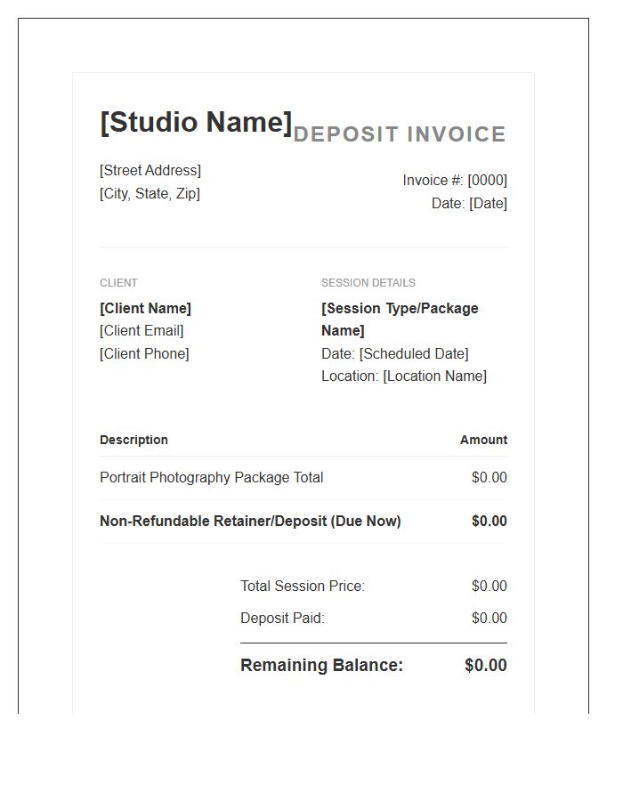 Automated Portrait Photography Deposit Invoice Template