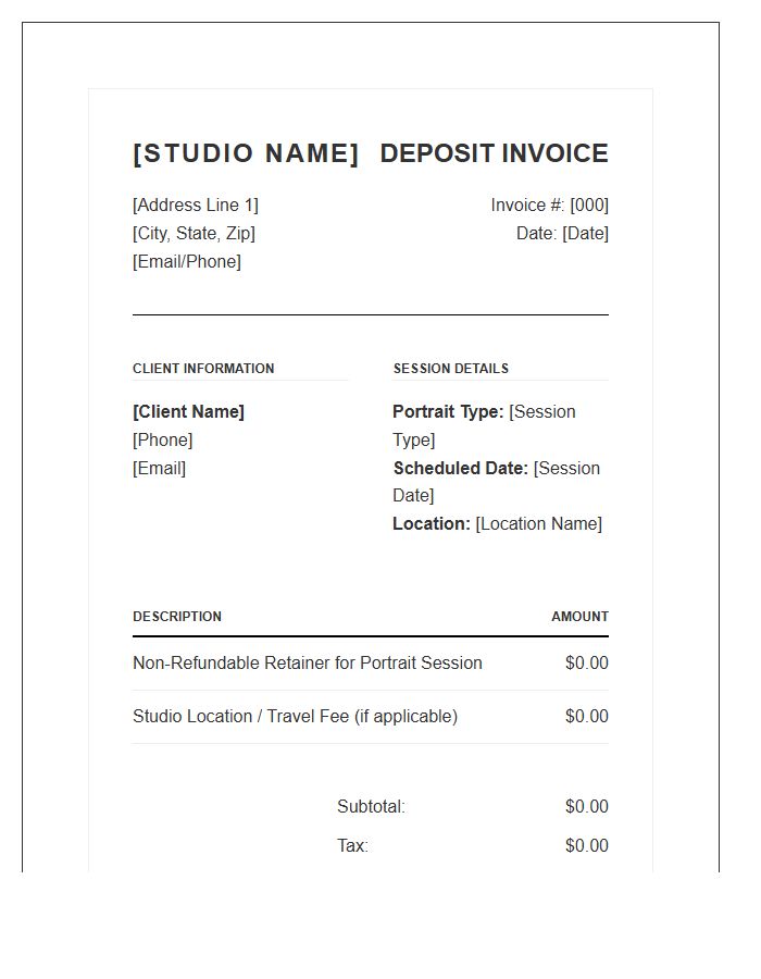 Boutique Photography Portrait Deposit Invoice Template