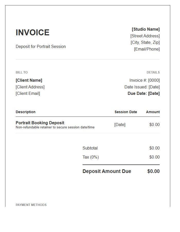 Client Portrait Booking Deposit Invoice Template