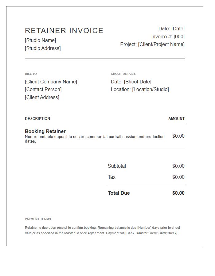 Commercial Portrait Booking Retainer Invoice Template