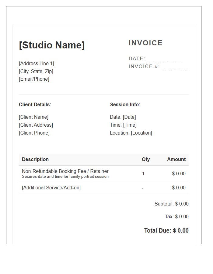 Family Portrait Booking Fee Invoice Template
