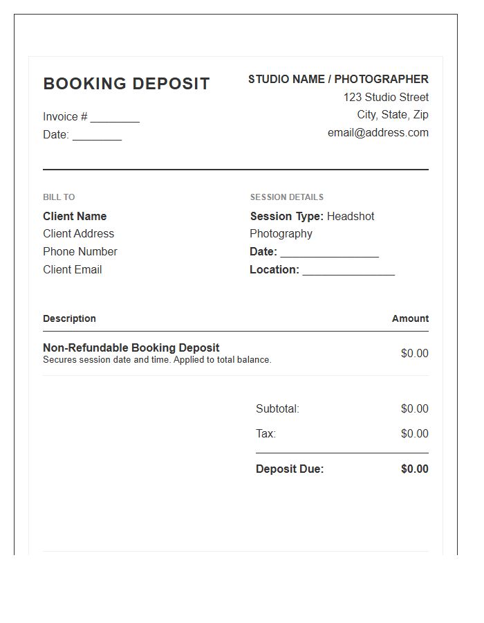 Headshot Photography Booking Deposit Invoice Template