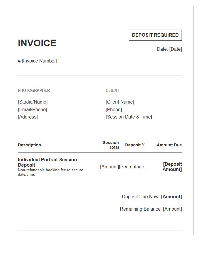 Individual Portrait Booking Deposit Invoice Template
