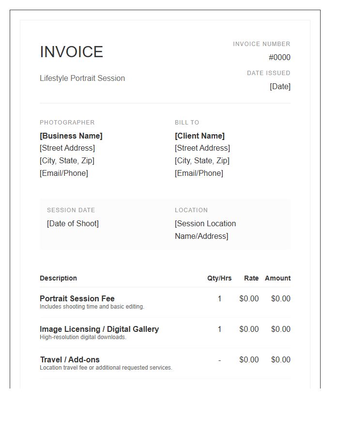 Lifestyle Portrait Session Booking Invoice Template