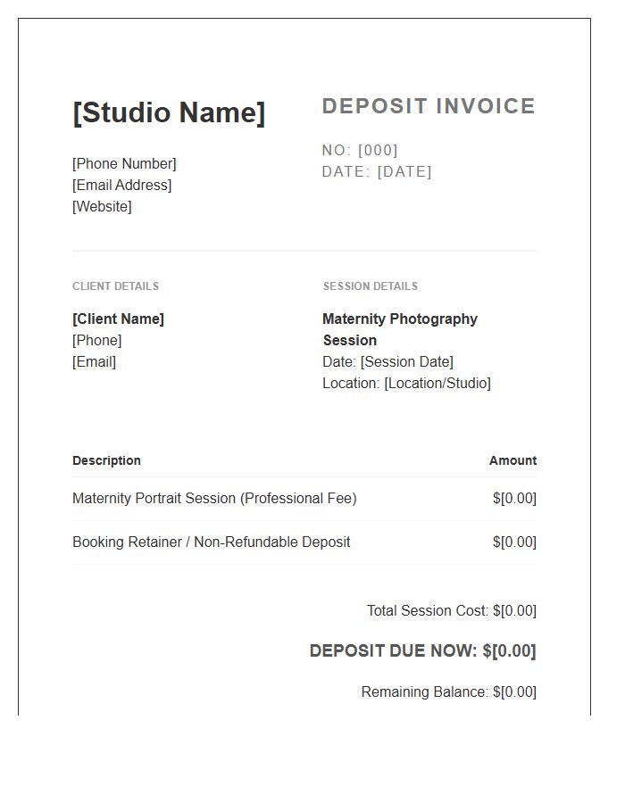 Maternity Photography Booking Deposit Invoice Template