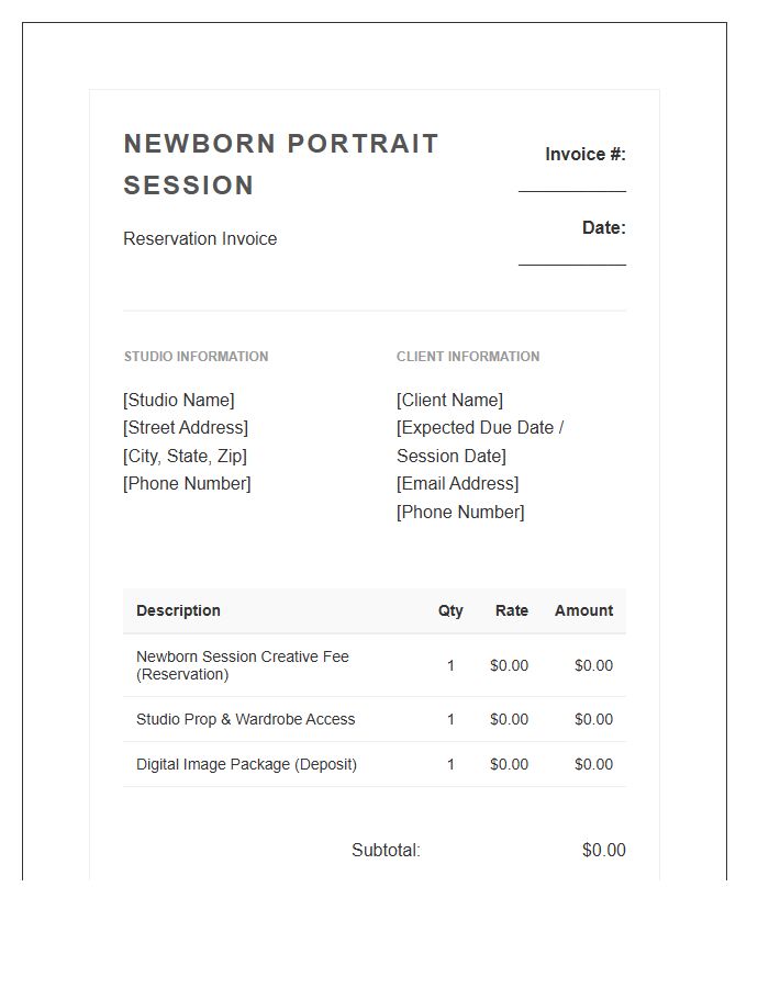 Newborn Portrait Session Reservation Invoice Template