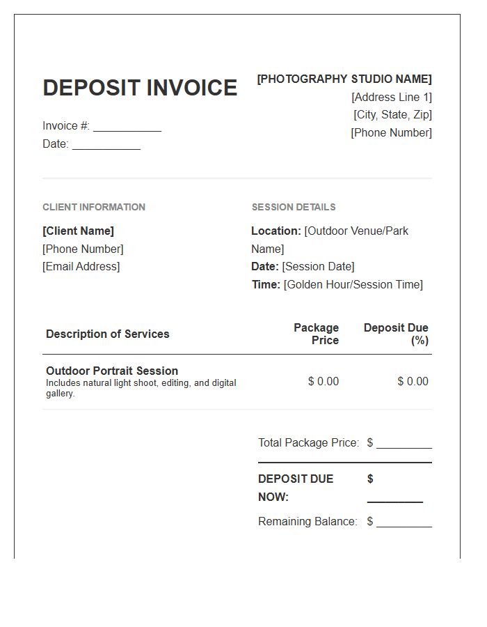 Outdoor Portrait Photography Deposit Invoice Template