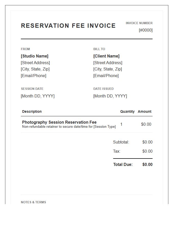 Photography Session Reservation Fee Invoice Template
