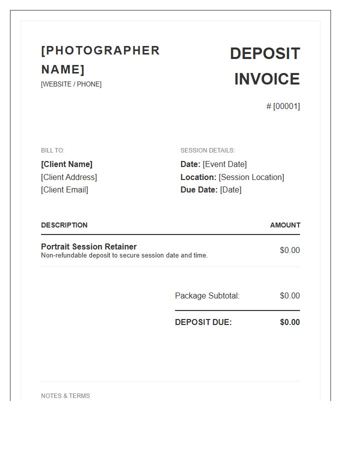 Portrait Photographer Client Deposit Invoice Template