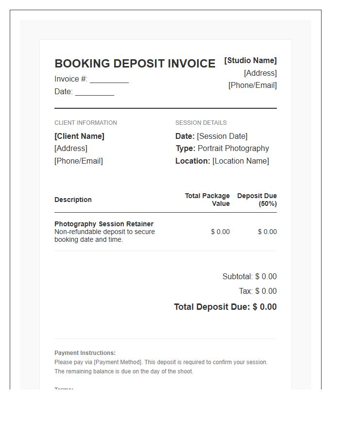 Portrait Photography Booking Deposit Invoice Template