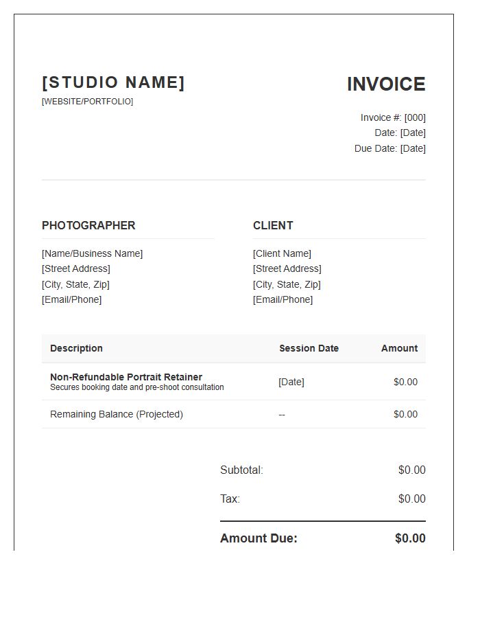 Professional Photographer Portrait Retainer Invoice Template