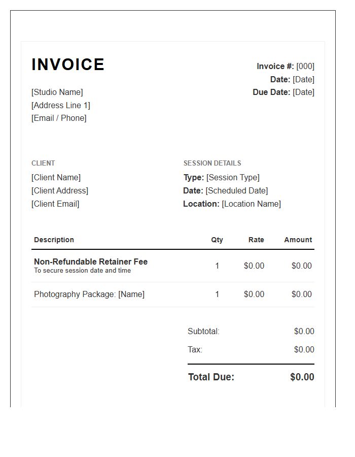 Professional Photography Session Retainer Invoice Template
