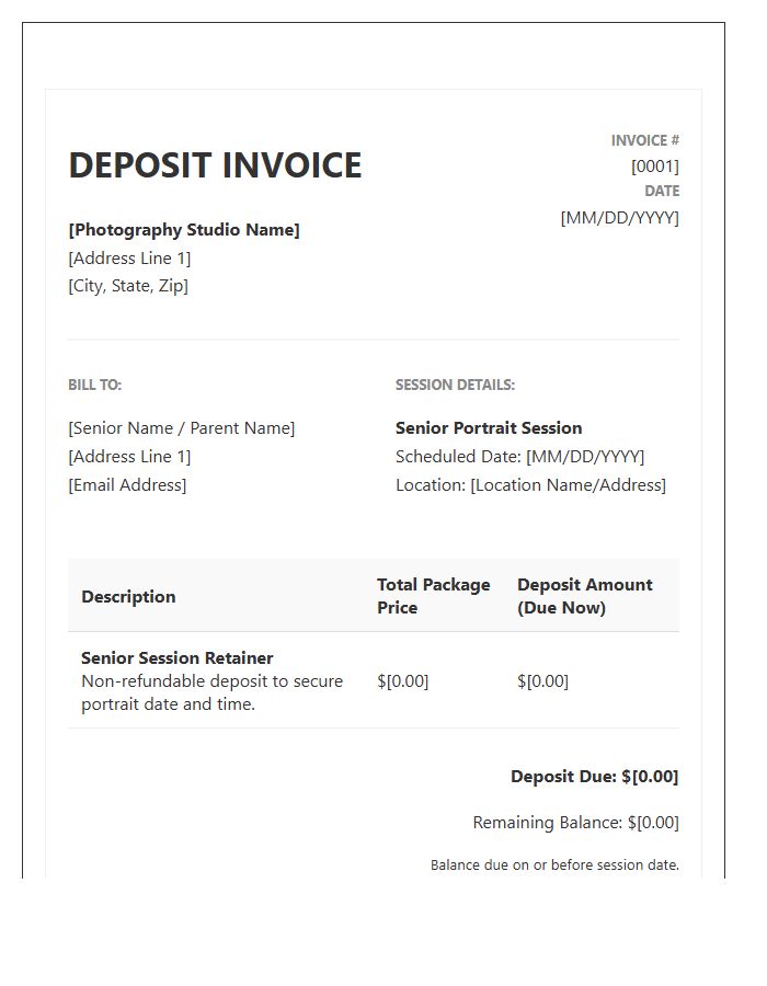 Senior Portrait Session Deposit Invoice Template