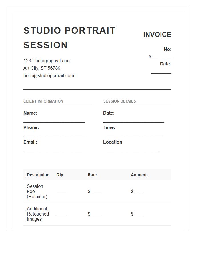 Studio Portrait Session Booking Invoice Template