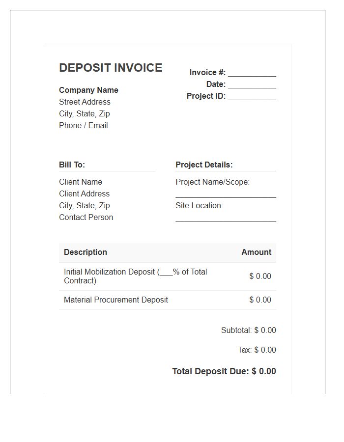 Construction Contract Deposit Billing Invoice Template