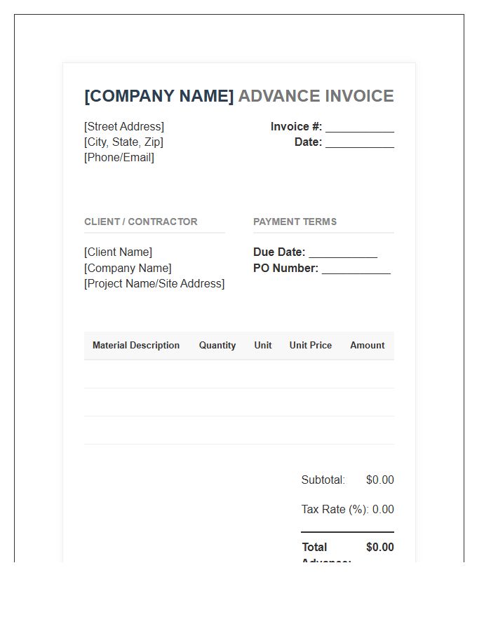 Construction Materials Advance Invoice Template