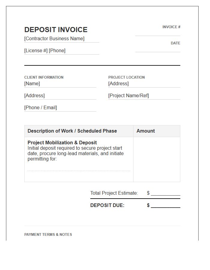 General Contractor Residential Work Deposit Invoice Template