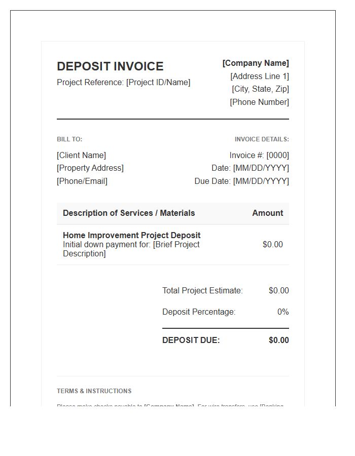 Home Improvement Project Deposit Invoice Template