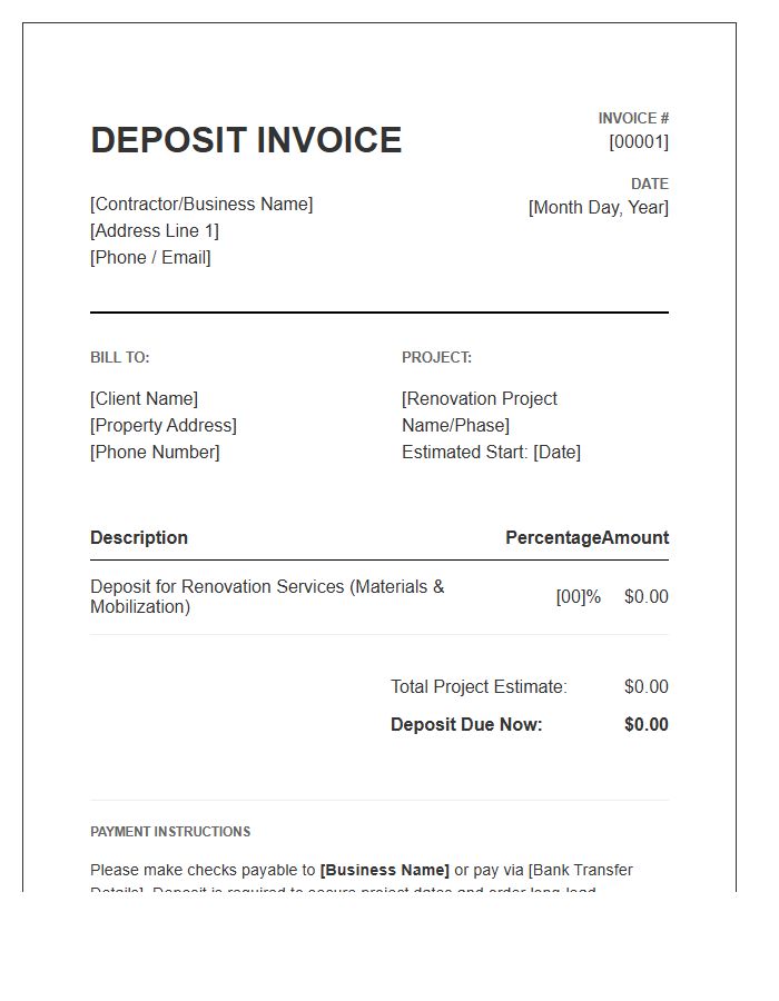 Home Renovation Deposit Billing Invoice Template