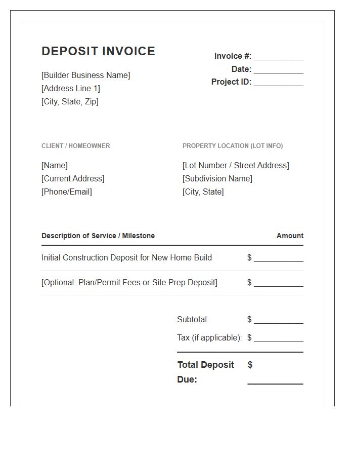 New Home Build Deposit Invoice Template