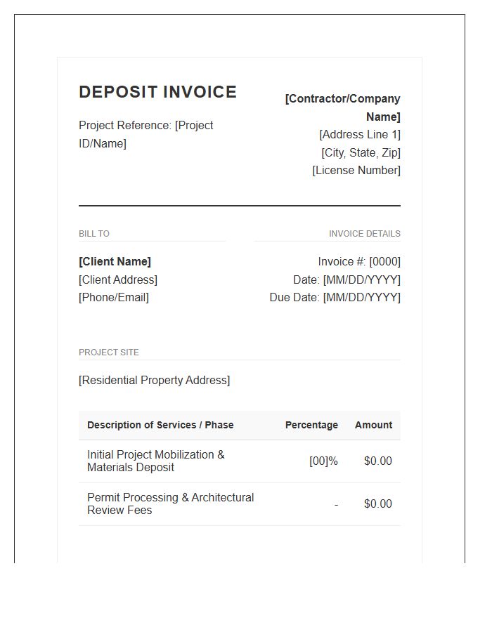 Residential Building Project Deposit Invoice Template