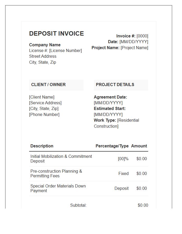 Residential Construction Agreement Deposit Invoice Template