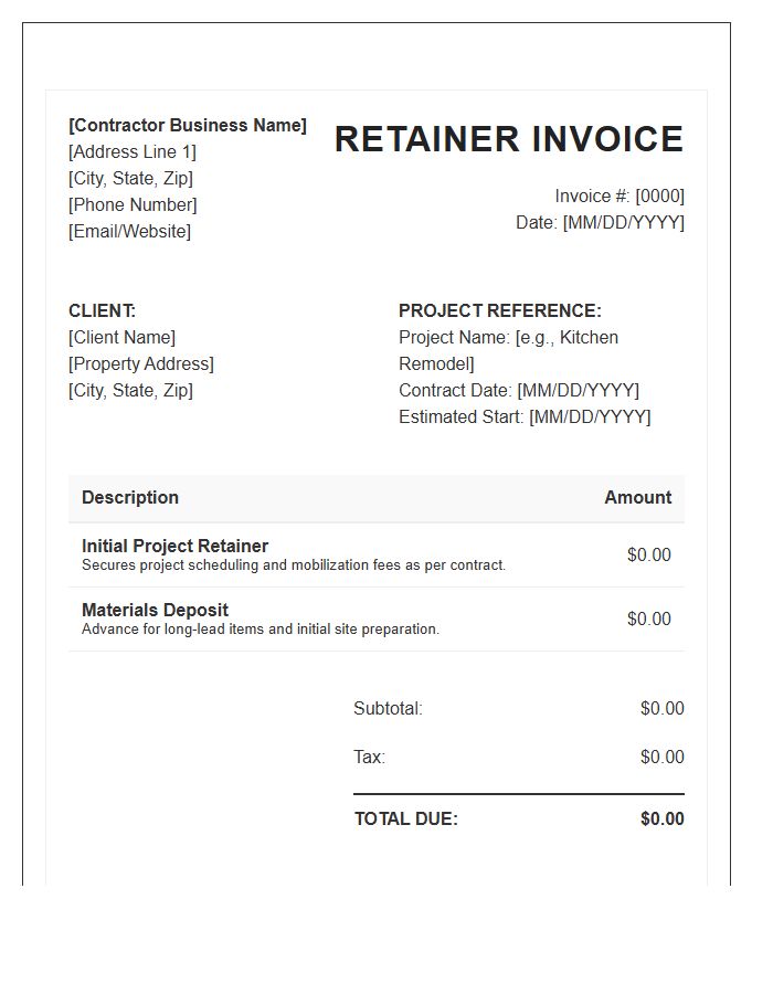Residential Construction Retainer Invoice Template