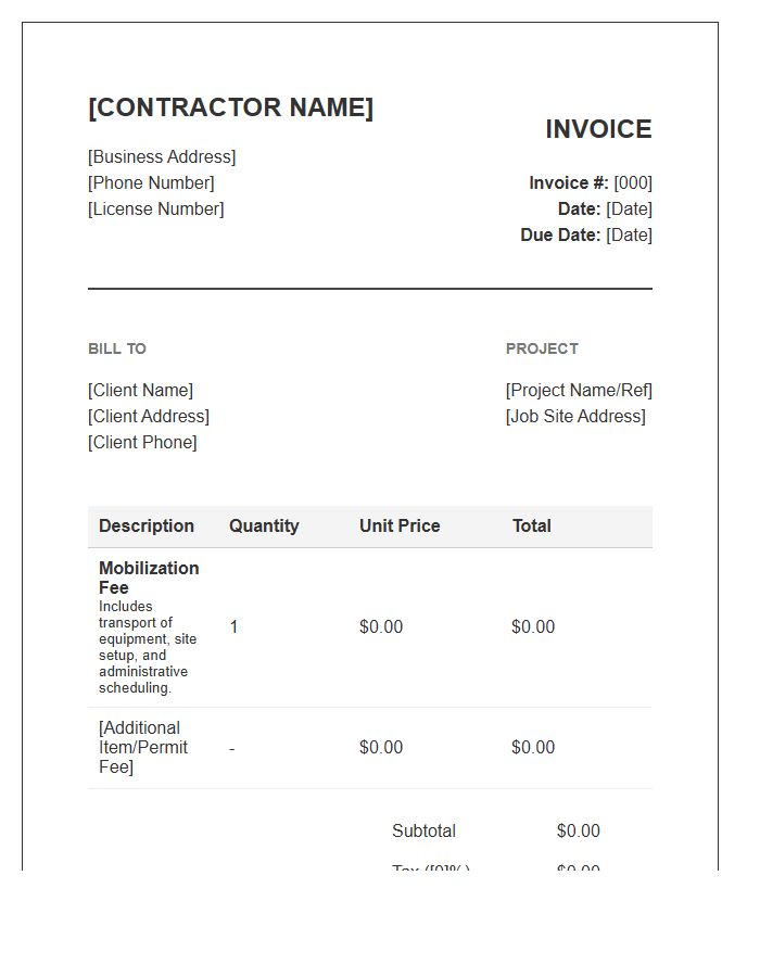 Residential Contractor Mobilization Fee Invoice Template