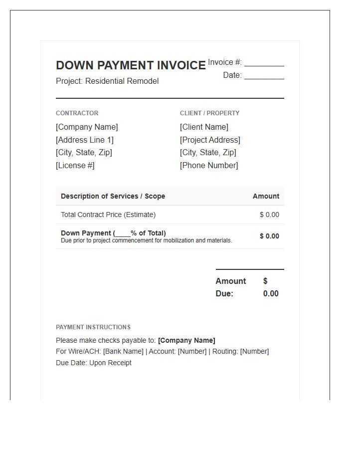 Residential Remodel Down Payment Invoice Template