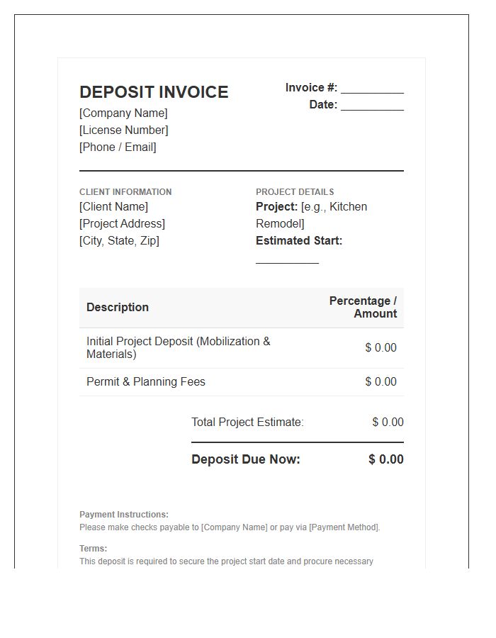 Residential Remodeling Project Deposit Invoice Template