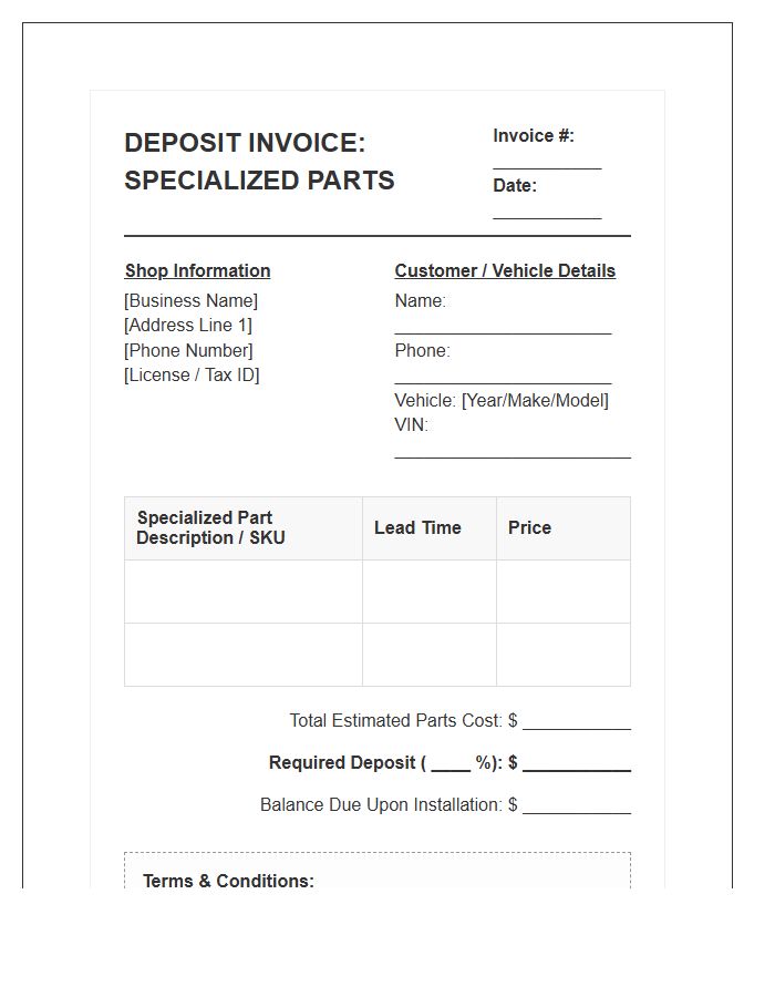 Auto Repair Deposit Invoice Template For Specialized Parts