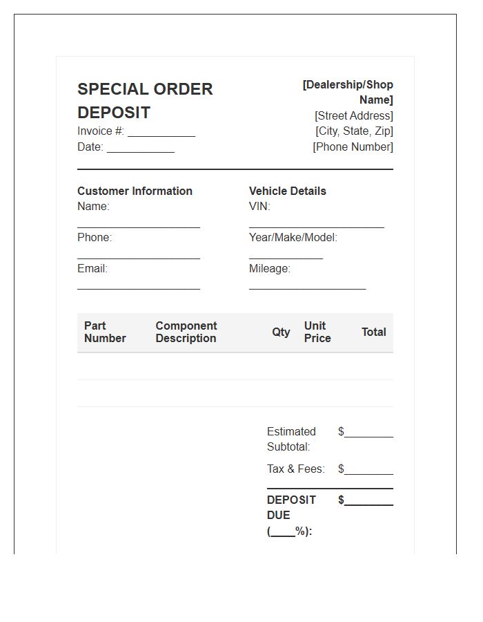 Automotive Component Special Order Deposit Invoice Template