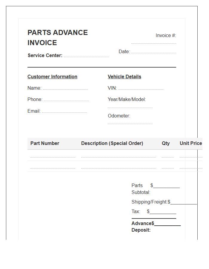 Automotive Service Special Part Advance Invoice Template