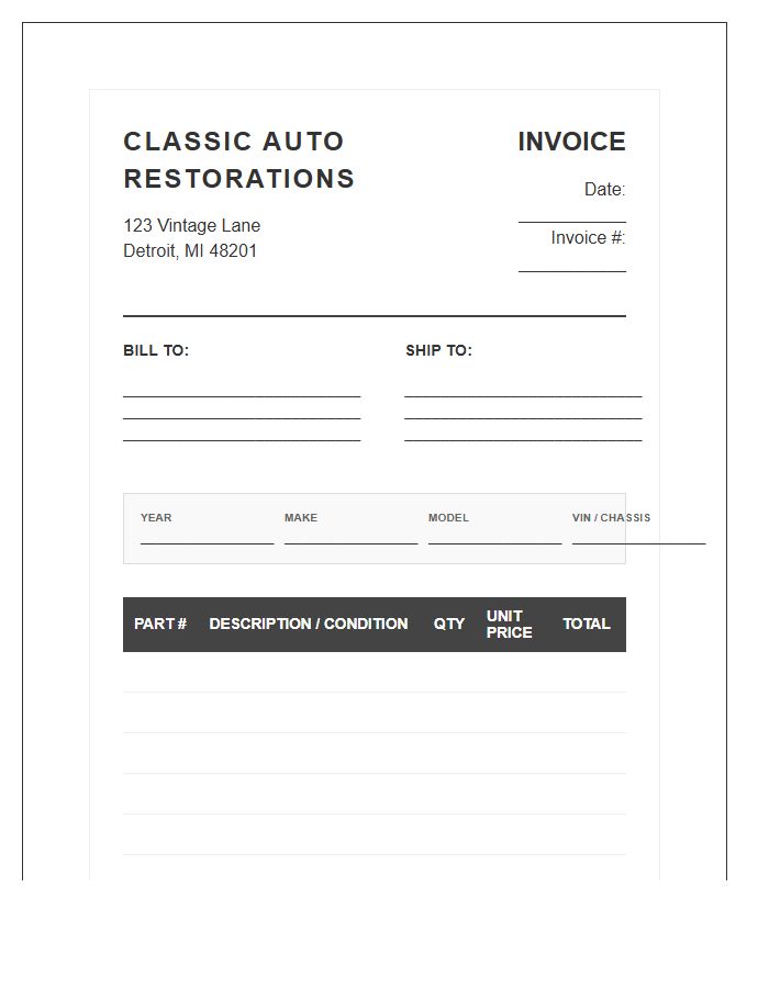Classic Car Restoration Parts Invoice Template