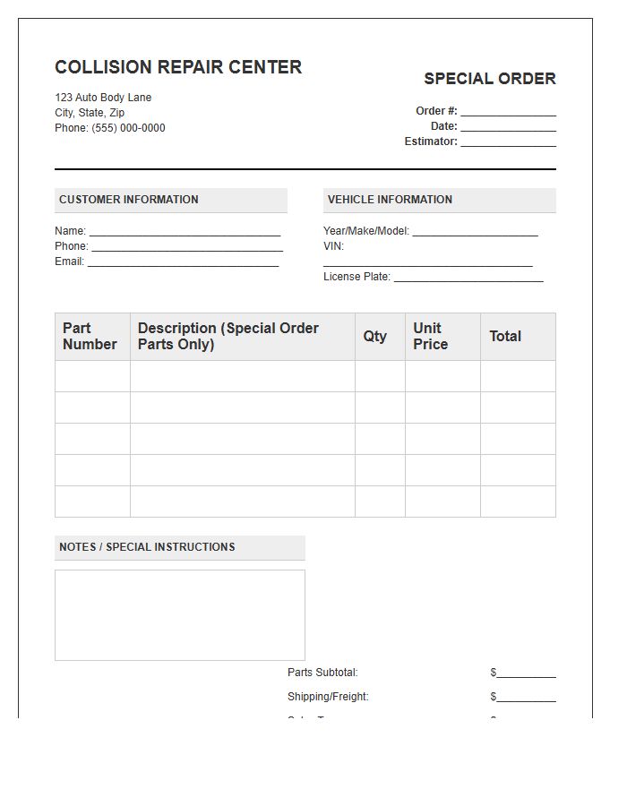 Collision Repair Special Order Invoice Template