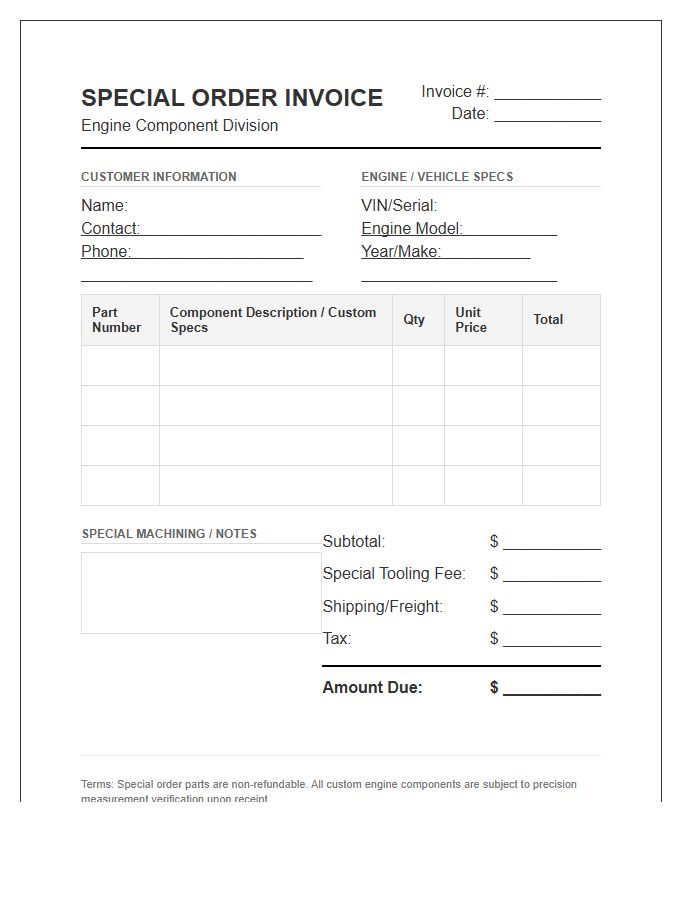 Engine Component Special Order Invoice Template