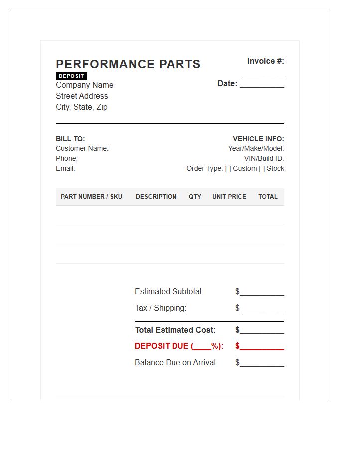 High Performance Parts Deposit Invoice Template
