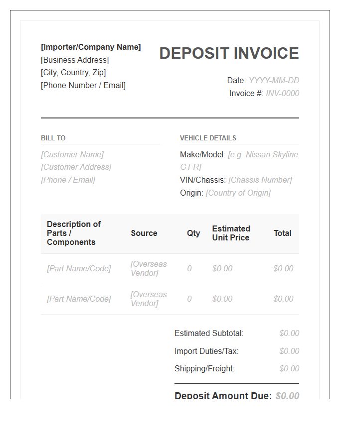 Imported Car Parts Deposit Invoice Template