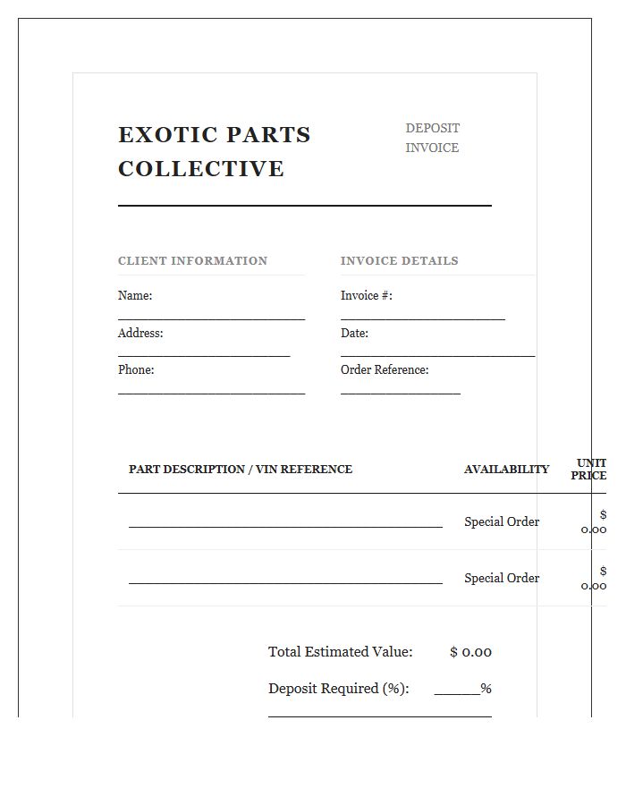 Luxury Auto Parts Deposit Invoice Template