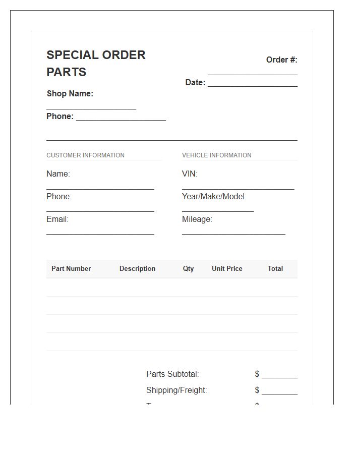 Mechanic Special Order Parts Invoice Template